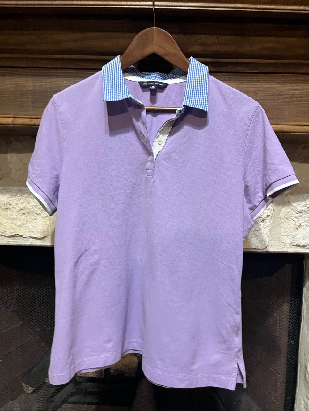 Brooks Brothers Lavender Purple Preppy Polo T Shirt Gingham Check Collar Size XL